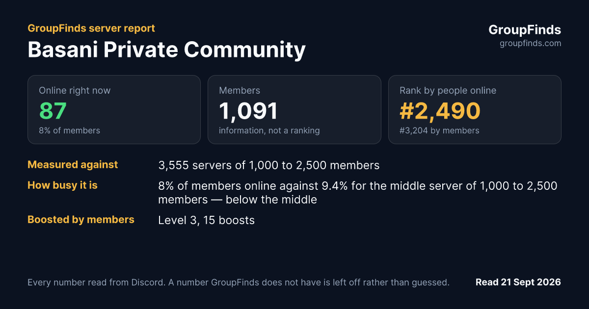 Basani Private Community's GroupFinds server report