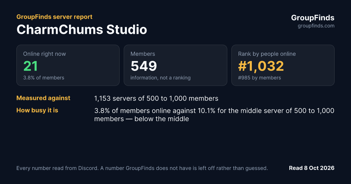 CharmChums Studio's GroupFinds server report