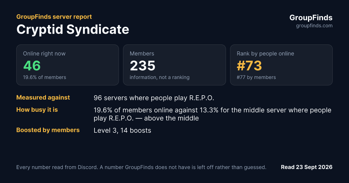 Cryptid Syndicate's GroupFinds server report