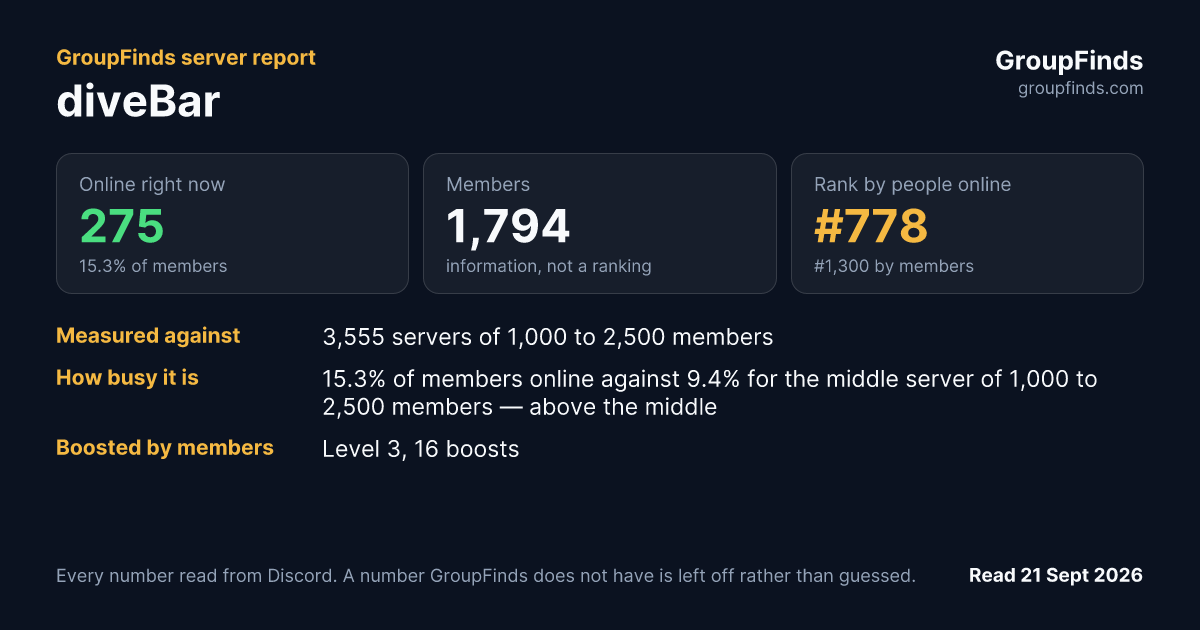 diveBar's GroupFinds server report