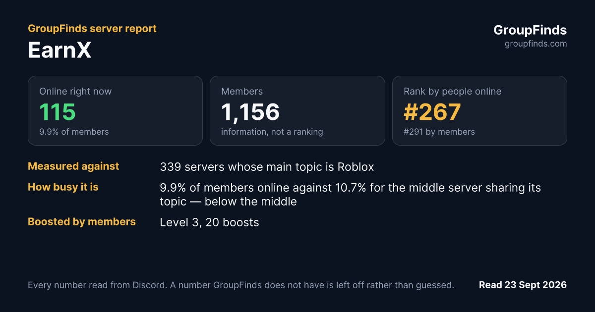 EarnX's GroupFinds server report