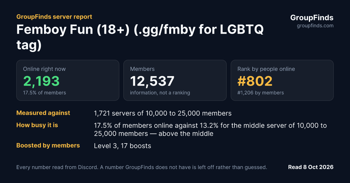 Femboy Fun (18+) (.gg/fmby for LGBTQ tag)'s GroupFinds server report