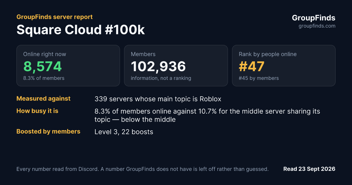 Square Cloud #100k's GroupFinds server report