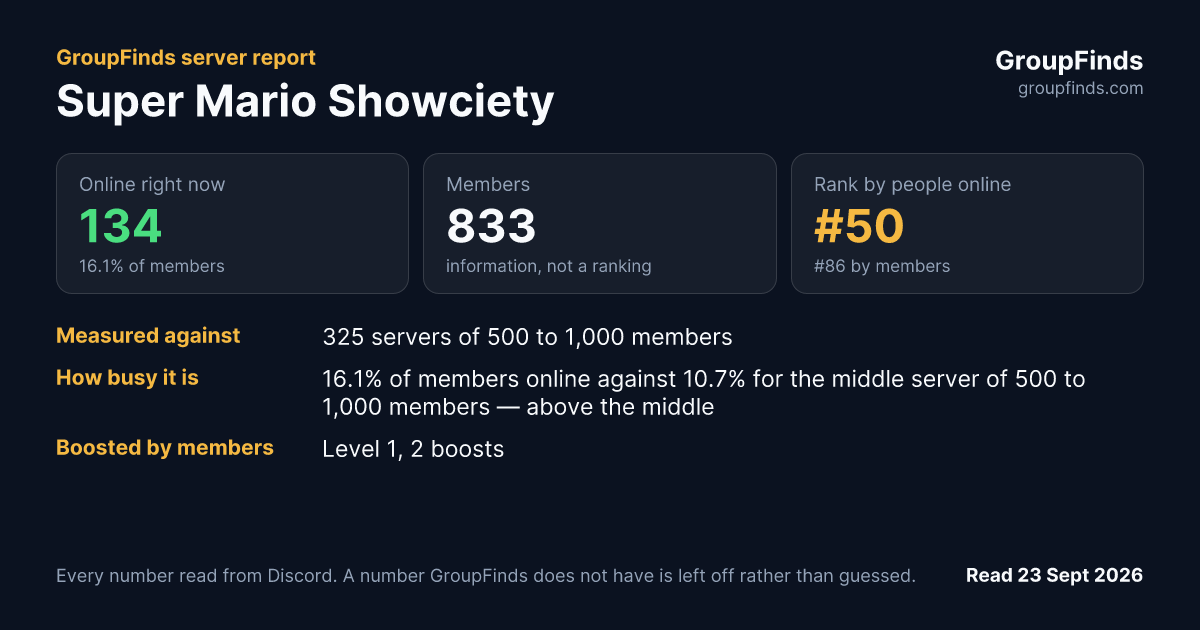 Super Mario Showciety's GroupFinds server report