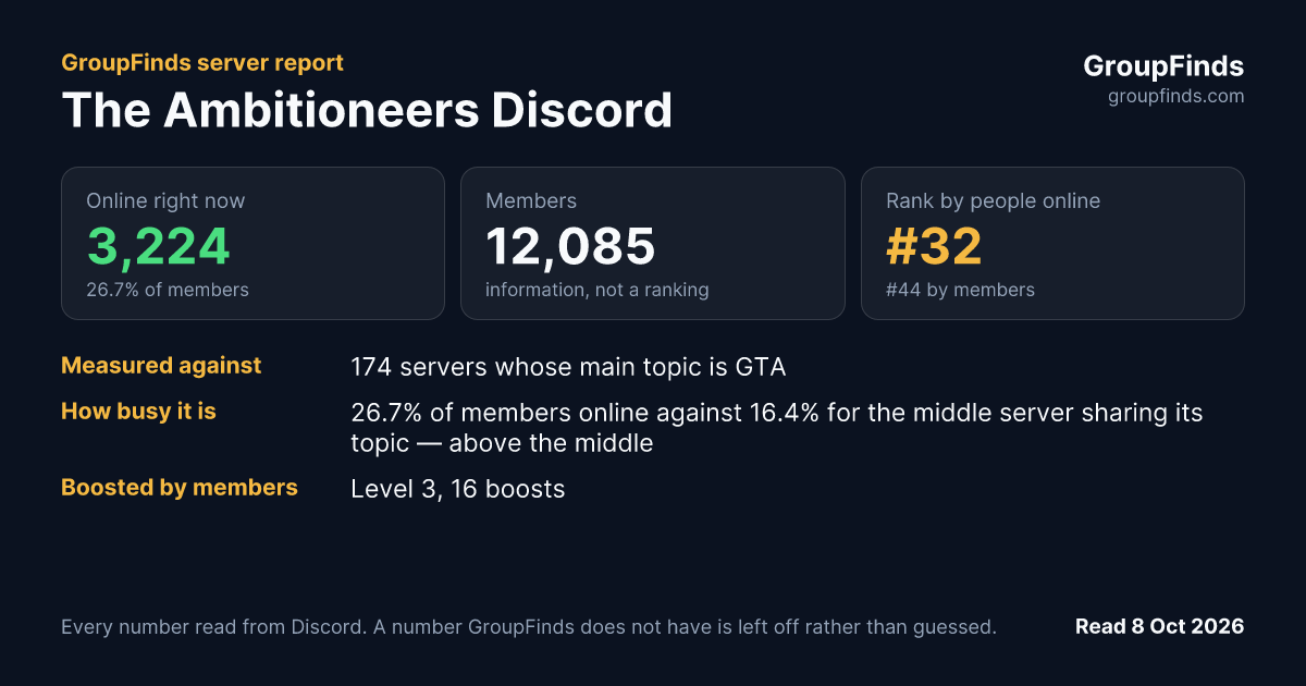 The Ambitioneers Discord's GroupFinds server report