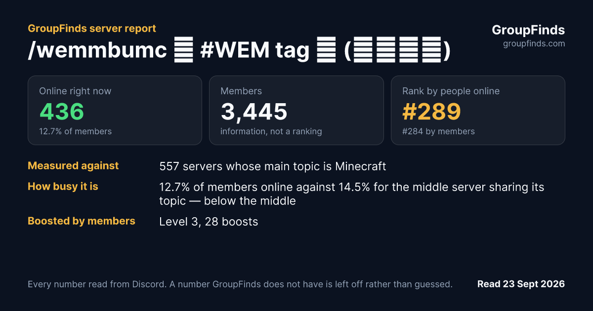 /wemmbumc ⊹ #WEM tag ⊹ (✿◠ᴗ◠)'s GroupFinds server report
